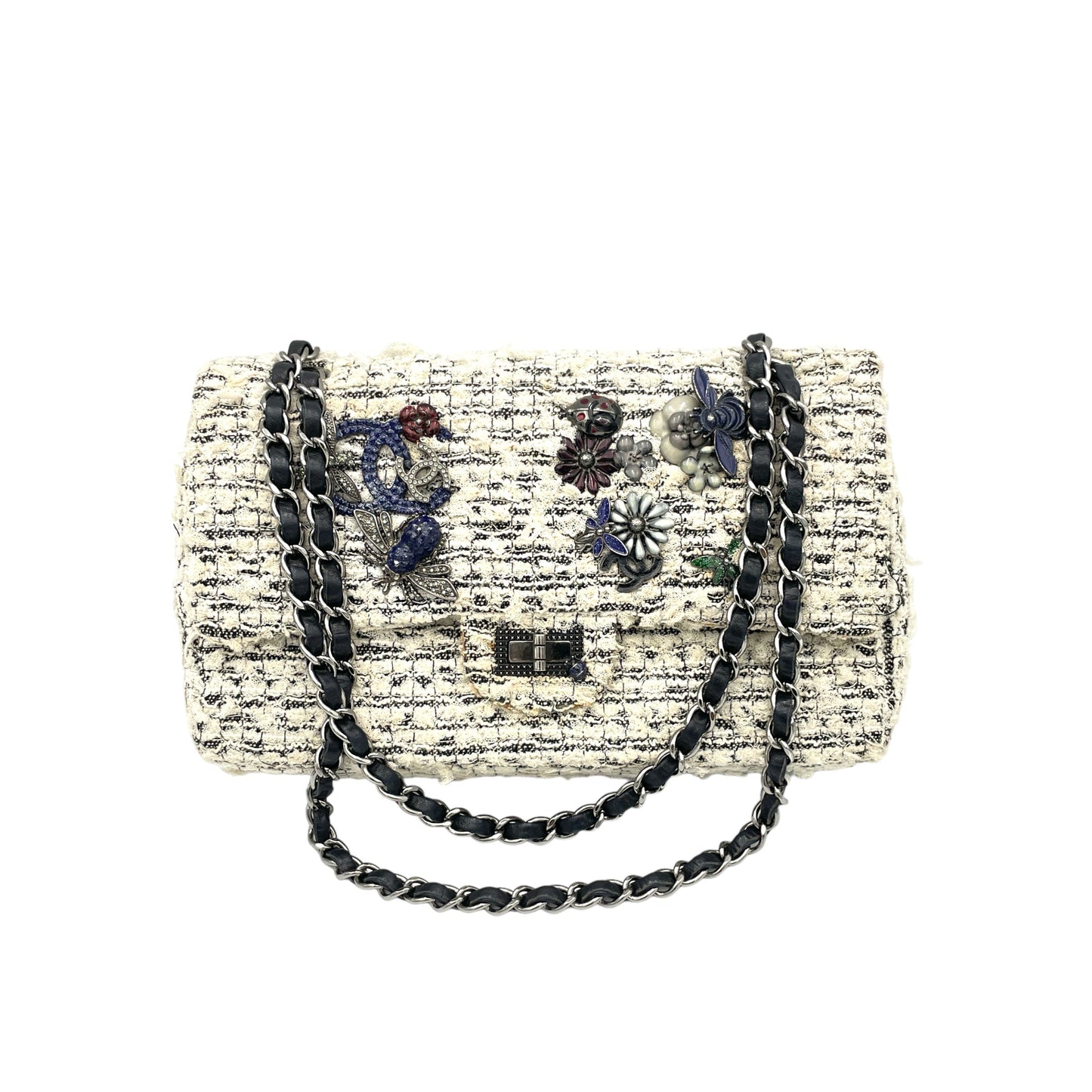 Garden Charms 2.55 White Shoulder Bag in Tweed, Ruthenium hardware