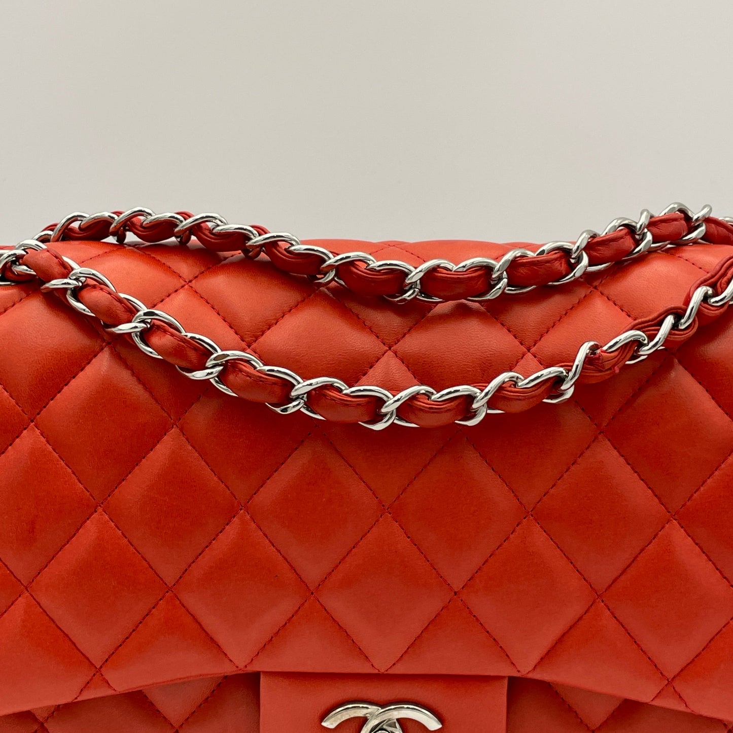 Classic Double Flap Jumbo Red Shoulder Bag in Lambskin, Silver hardware