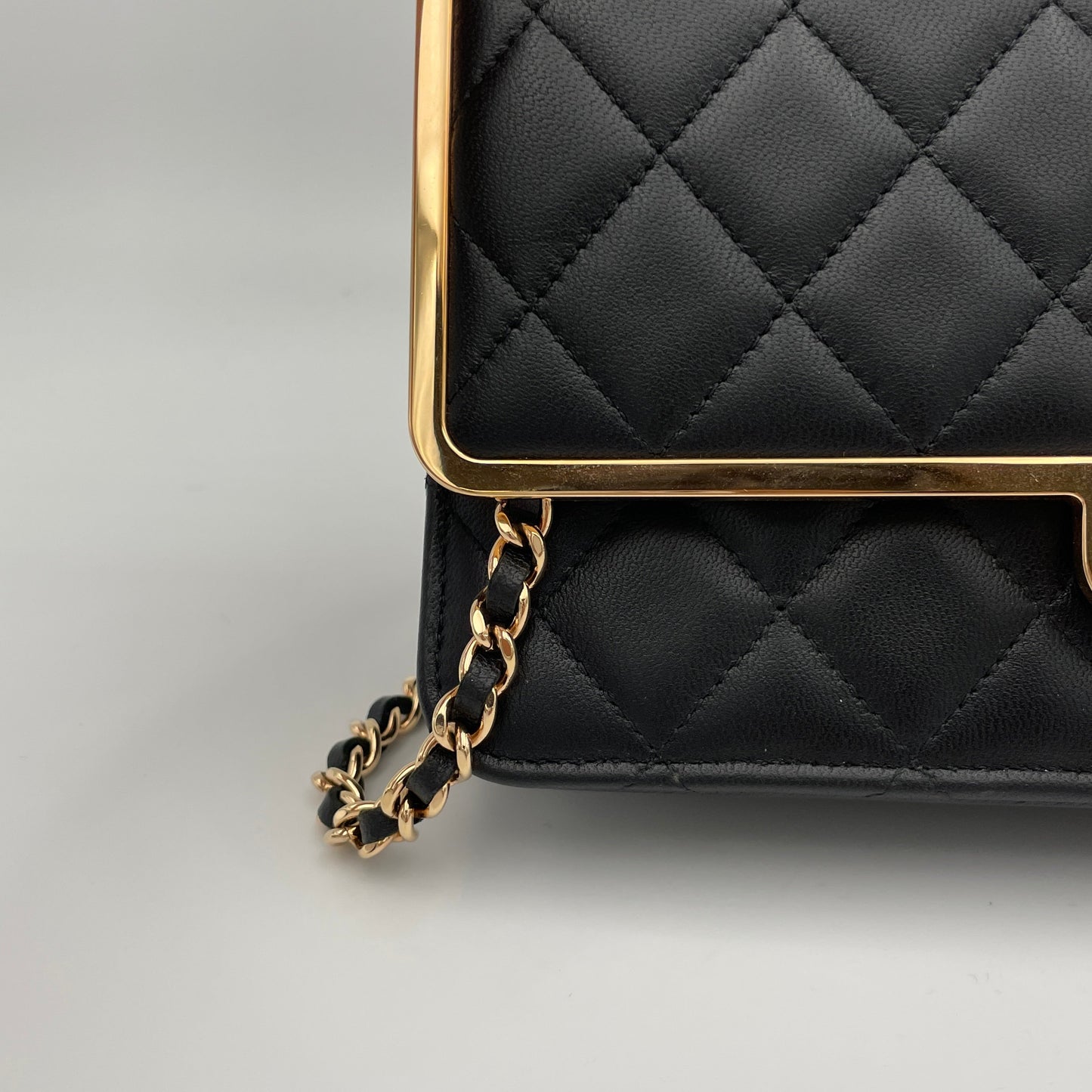 Quilted Frame Black Wallet on Chain in Lambskin, Gold hardware