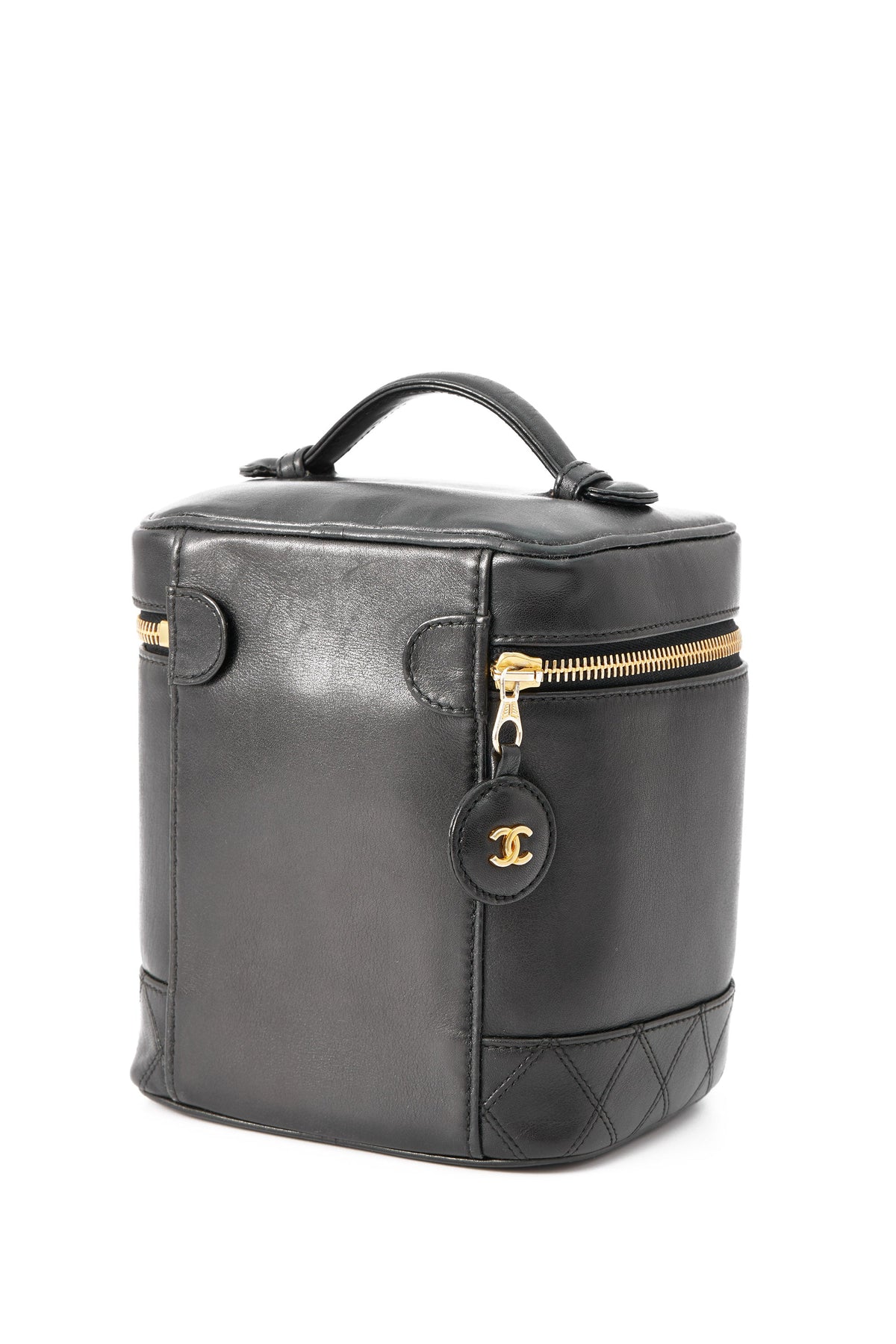 Vanity Black Top Handle Bag in Lambskin, Light Gold hardware