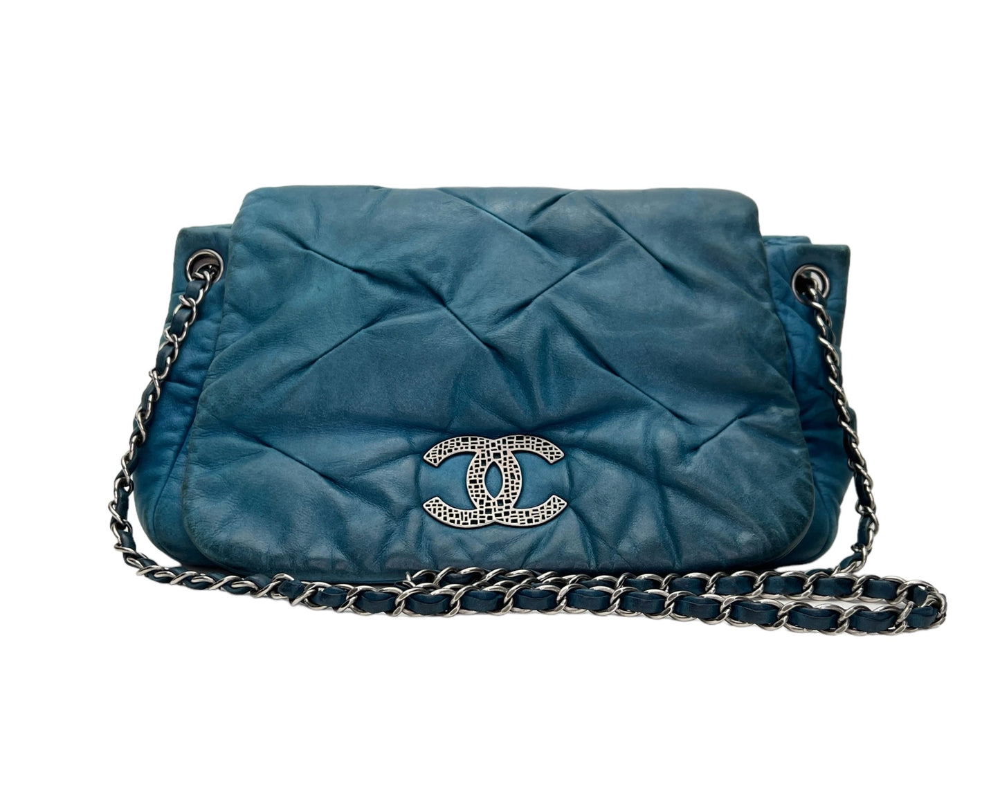 Glint Accordion Flap Blue Shoulder Bag in Lambskin, Silver hardware