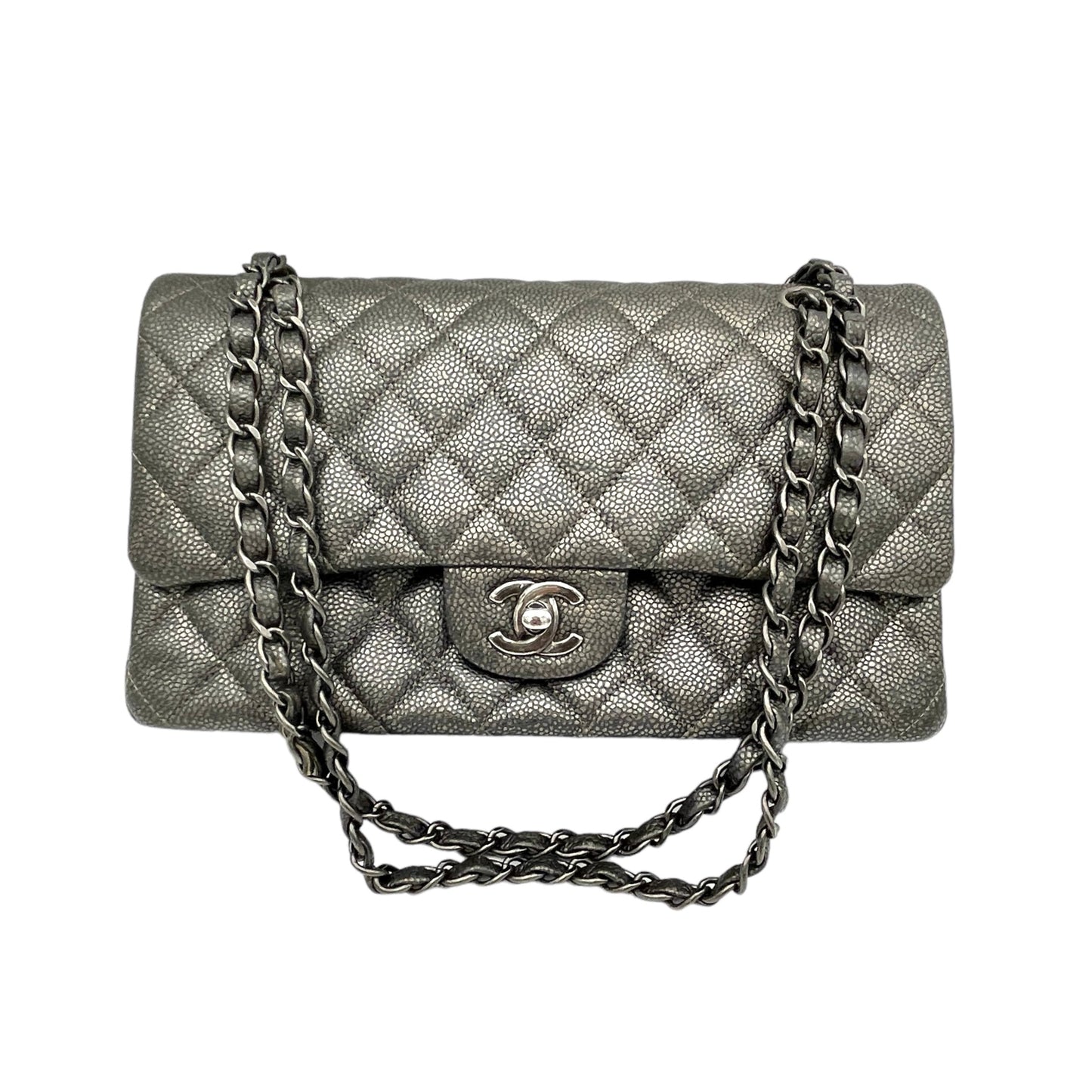 Timeless Classic Flap Medium Grey Shoulder Bag in Caviar Leather, Gunmetal hardware