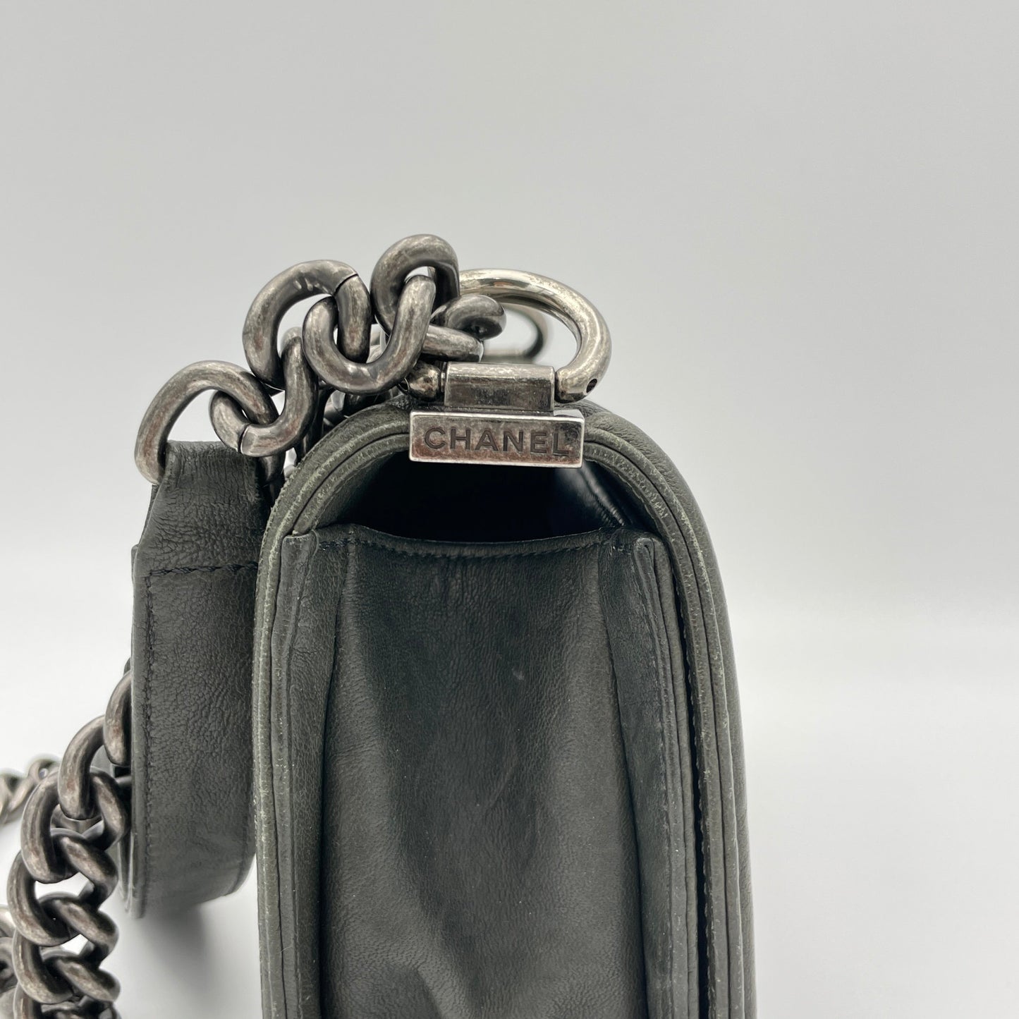 Studded Boy Small Grey Crossbody Bag in Calfskin, Ruthenium hardware