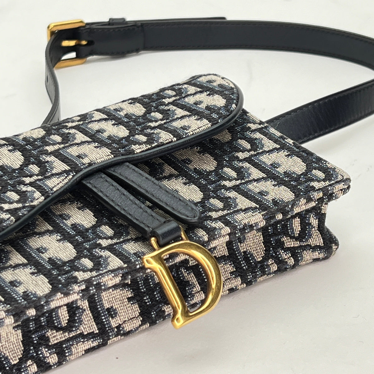 Saddle Mini Navy Belt Bag in Jacquard, Gold hardware