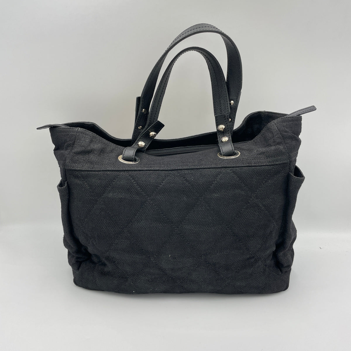 Paris Biarritz Black Top Handle Bag in Canvas, Silver hardware