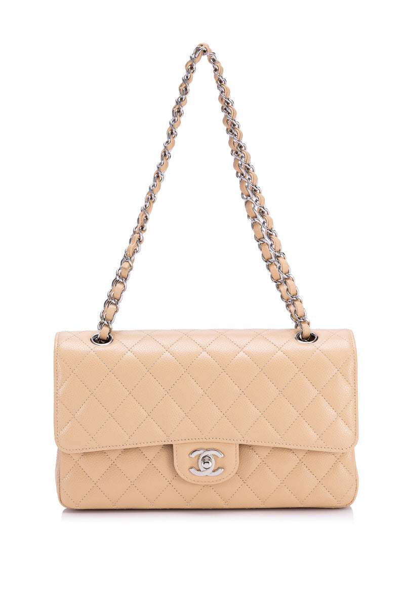 Classic Double Flap Medium Beige Shoulder Bag in Caviar Leather, Silver hardware