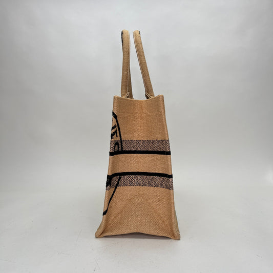 Book Tote Jute Embroidered Medium Brown Tote Bag in Canvas