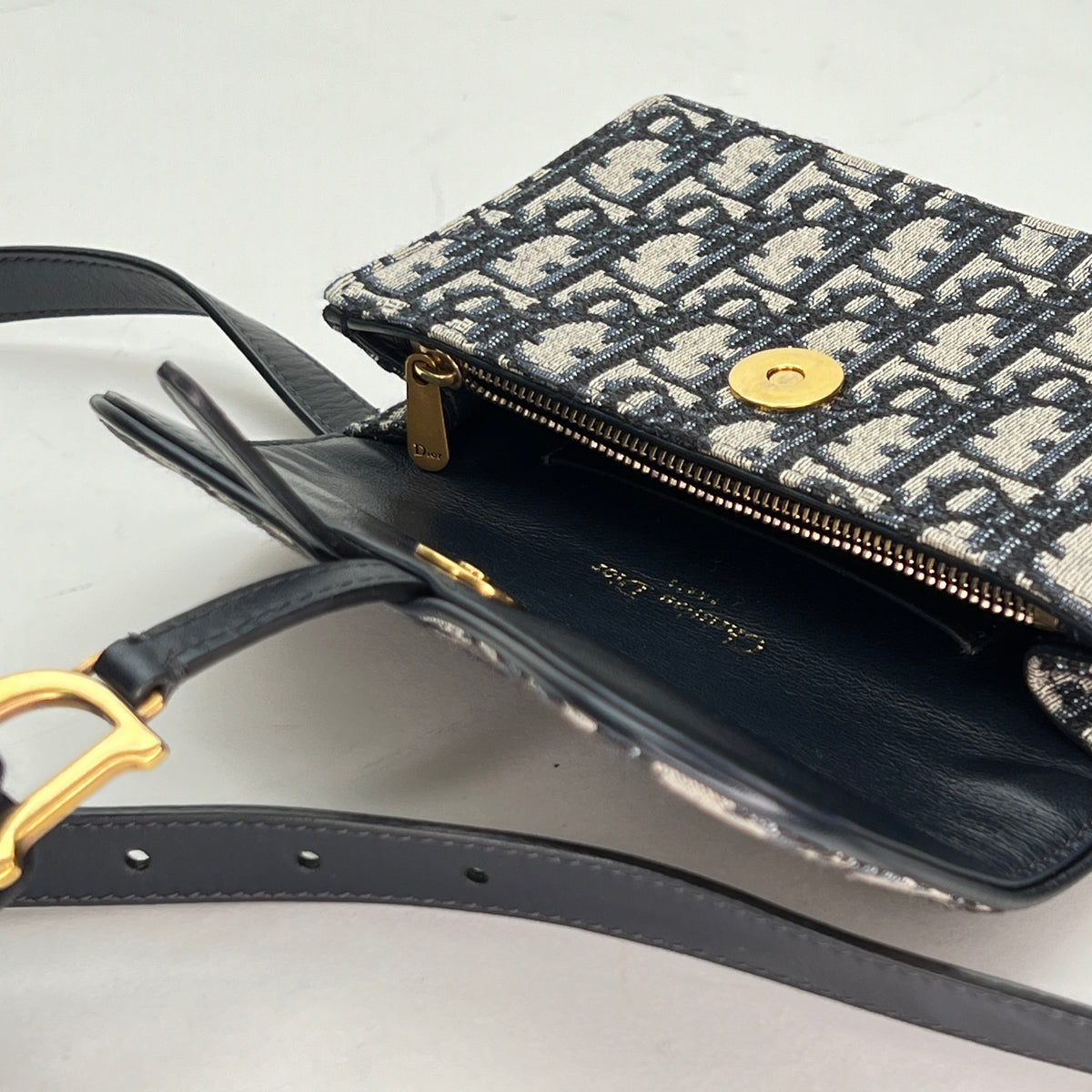 Saddle Mini Navy Belt Bag in Jacquard, Gold hardware