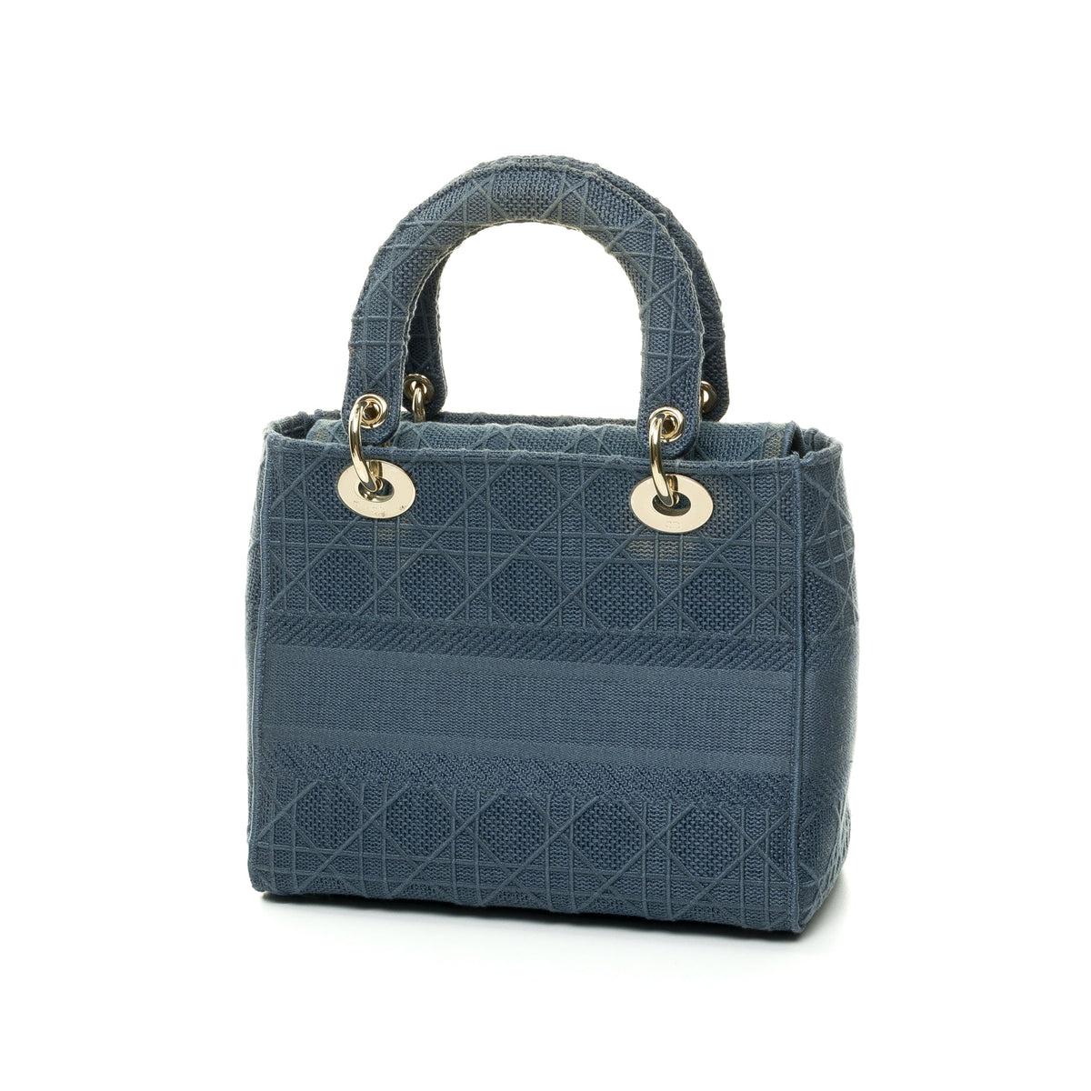 Embroidered Cannage Lady D-Lite Medium Blue Top Handle Bag in Canvas, Silver hardware