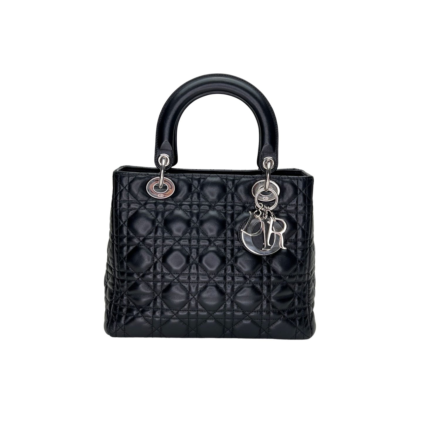 Lady Dior Medium Black Top Handle Bag in Lambskin, Silver hardware