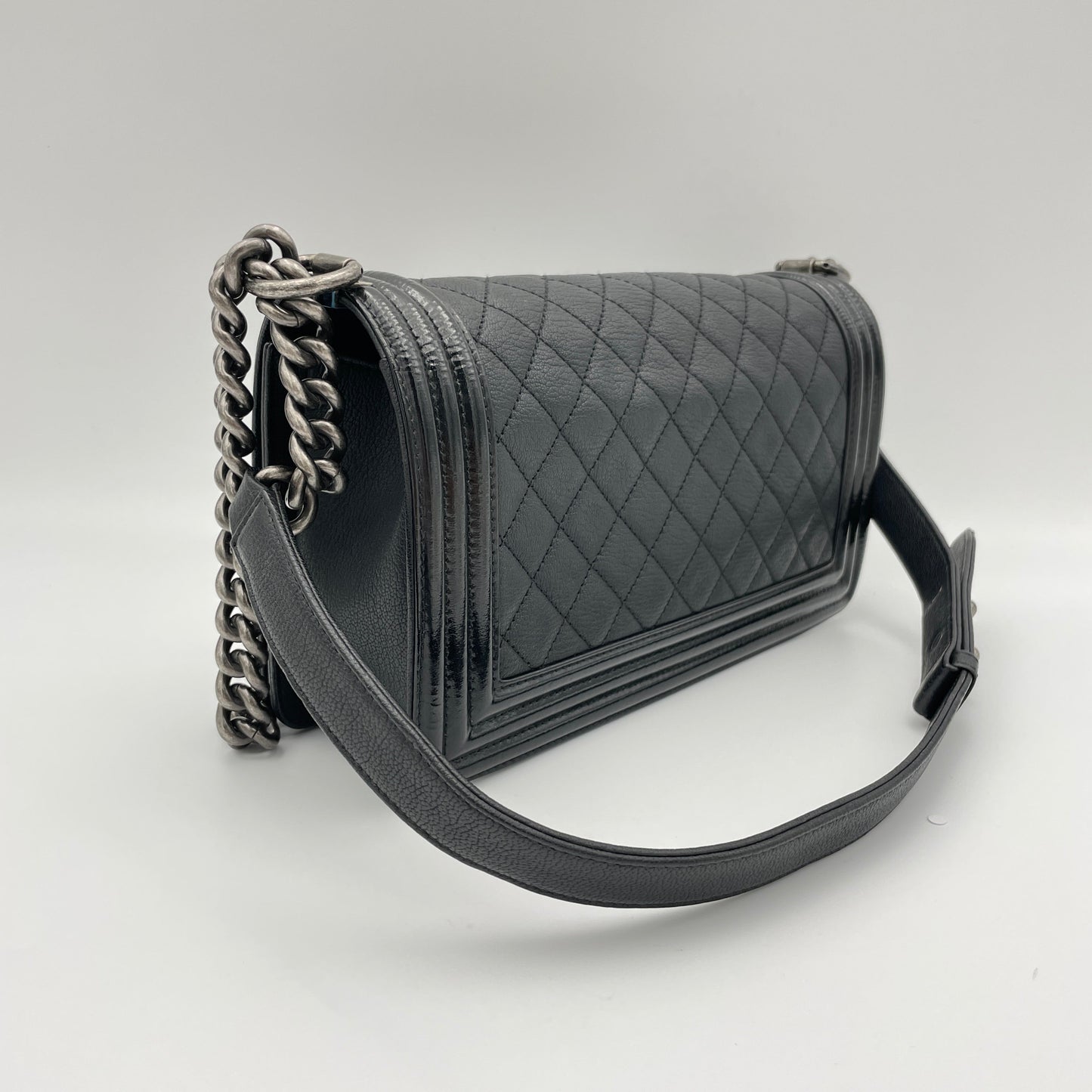 Boy Old Medium Black Shoulder Bag in Goat Leather, Ruthenium hardware