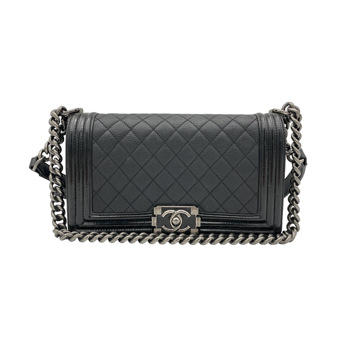 Boy Old Medium Black Shoulder Bag in Goat Leather, Ruthenium hardware
