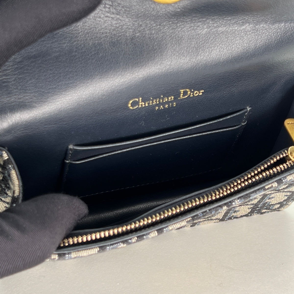 Saddle Mini Navy Belt Bag in Jacquard, Gold hardware