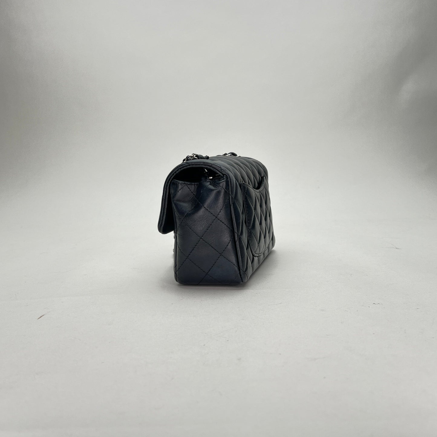 Classic Flap Mini Rectangle Navy Shoulder Bag in Lambskin, Silver hardware