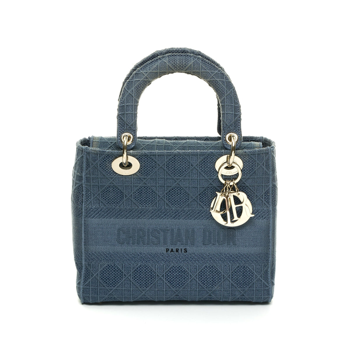 Embroidered Cannage Lady D-Lite Medium Blue Top Handle Bag in Canvas, Silver hardware