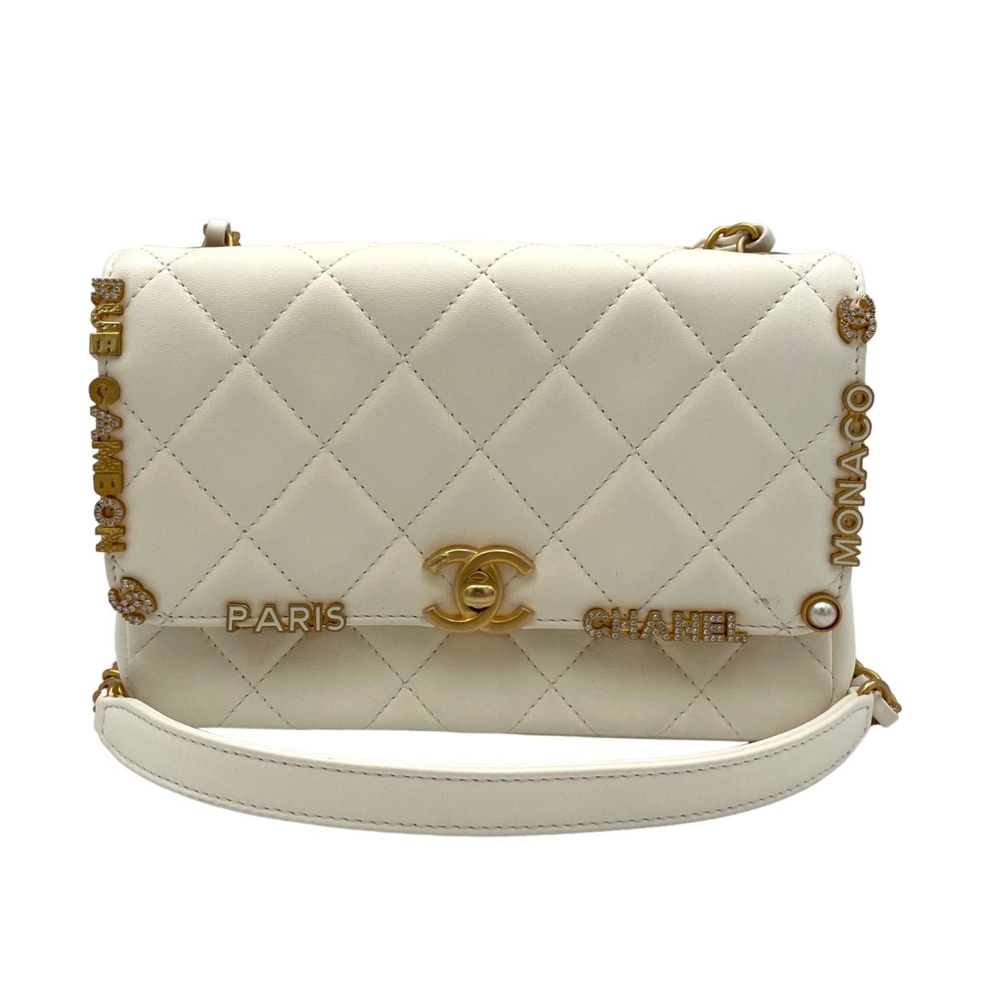 Classic Flap Monaco White Crossbody Bag in Lambskin, Gold hardware