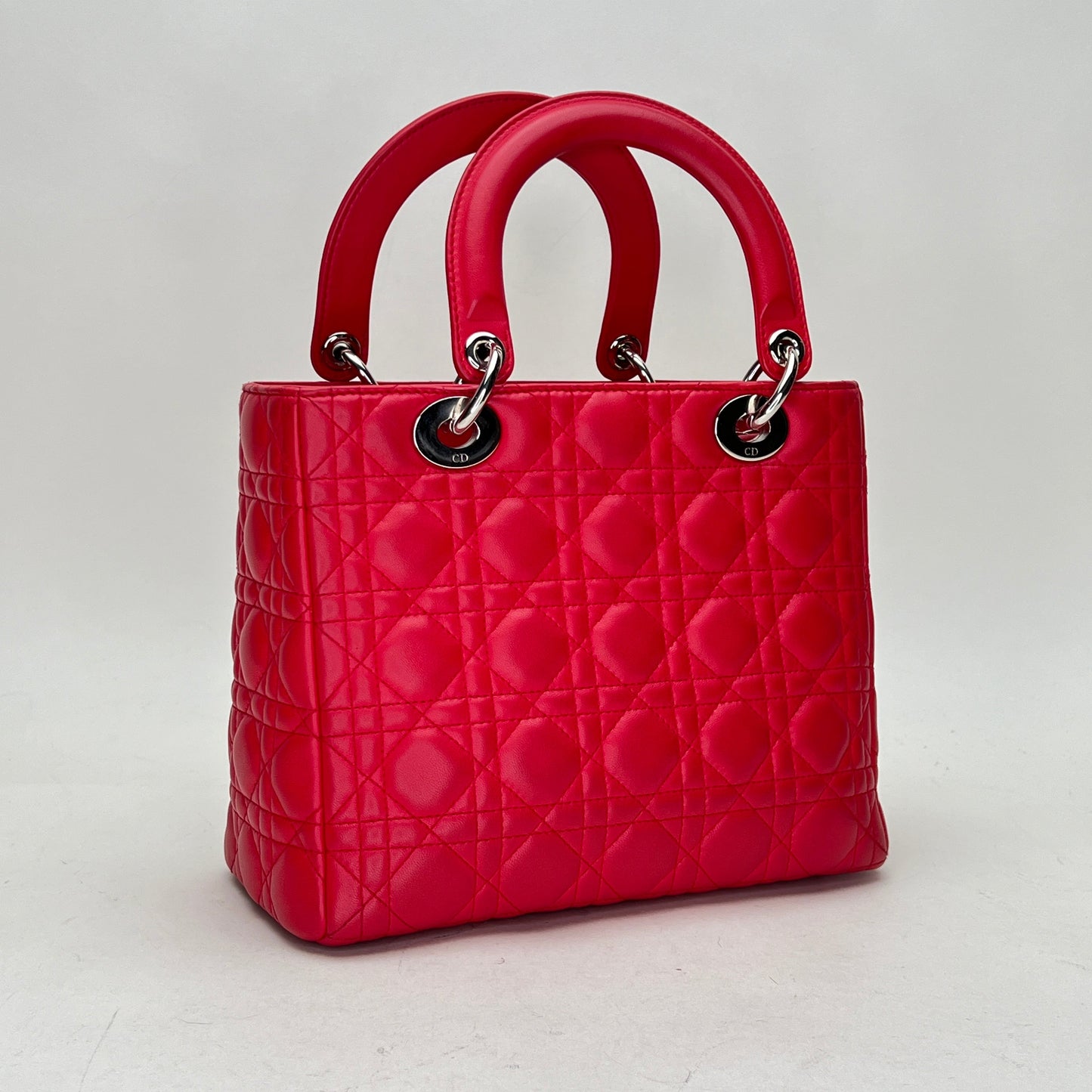 Medium Lady Dior Medium Red Top Handle Bag in Lambskin, Silver hardware