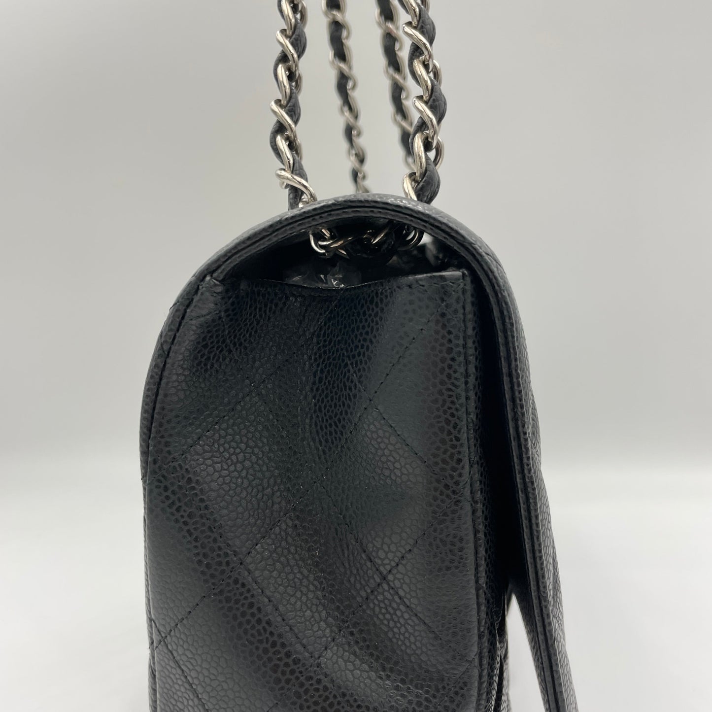 Classic Flap Maxi Black Shoulder Bag in Caviar Leather, Silver hardware