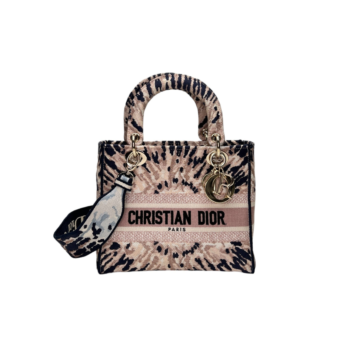 Lady D-lite Medium Multi-colour Top Handle Bag in Canvas, Light Gold hardware