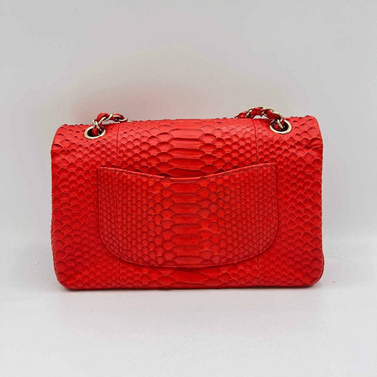 Classic Double Flap Medium Red Shoulder Bag in Python Leather, Gold hardware