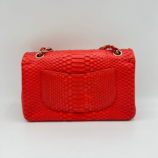 Classic Double Flap Medium Red Shoulder Bag in Python Leather, Gold hardware