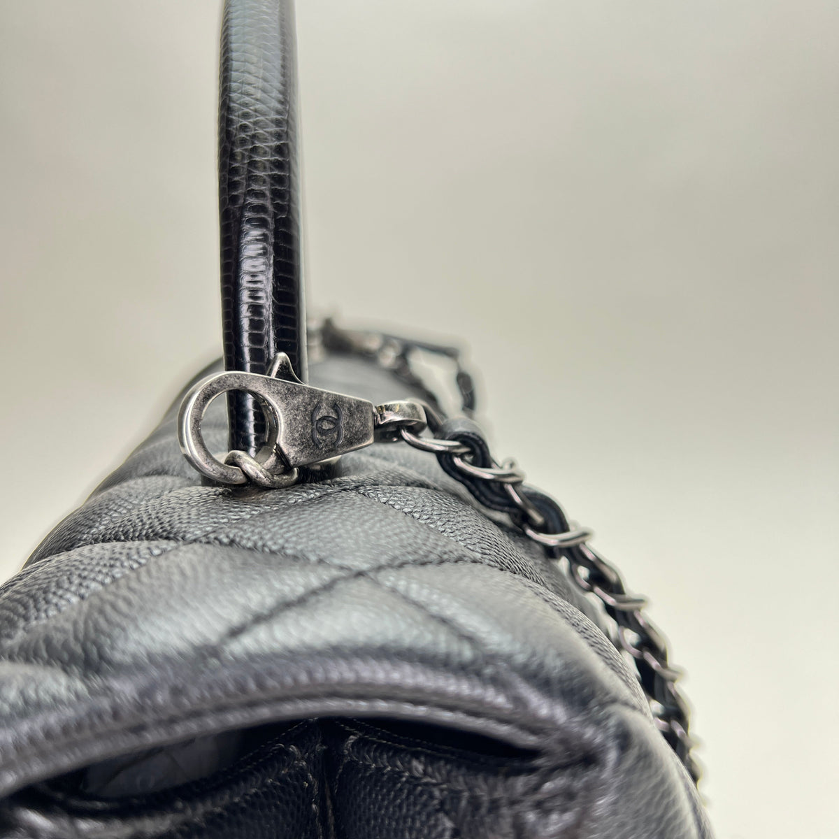 Coco Medium Black Top Handle Bag in Caviar Leather, Ruthenium hardware
