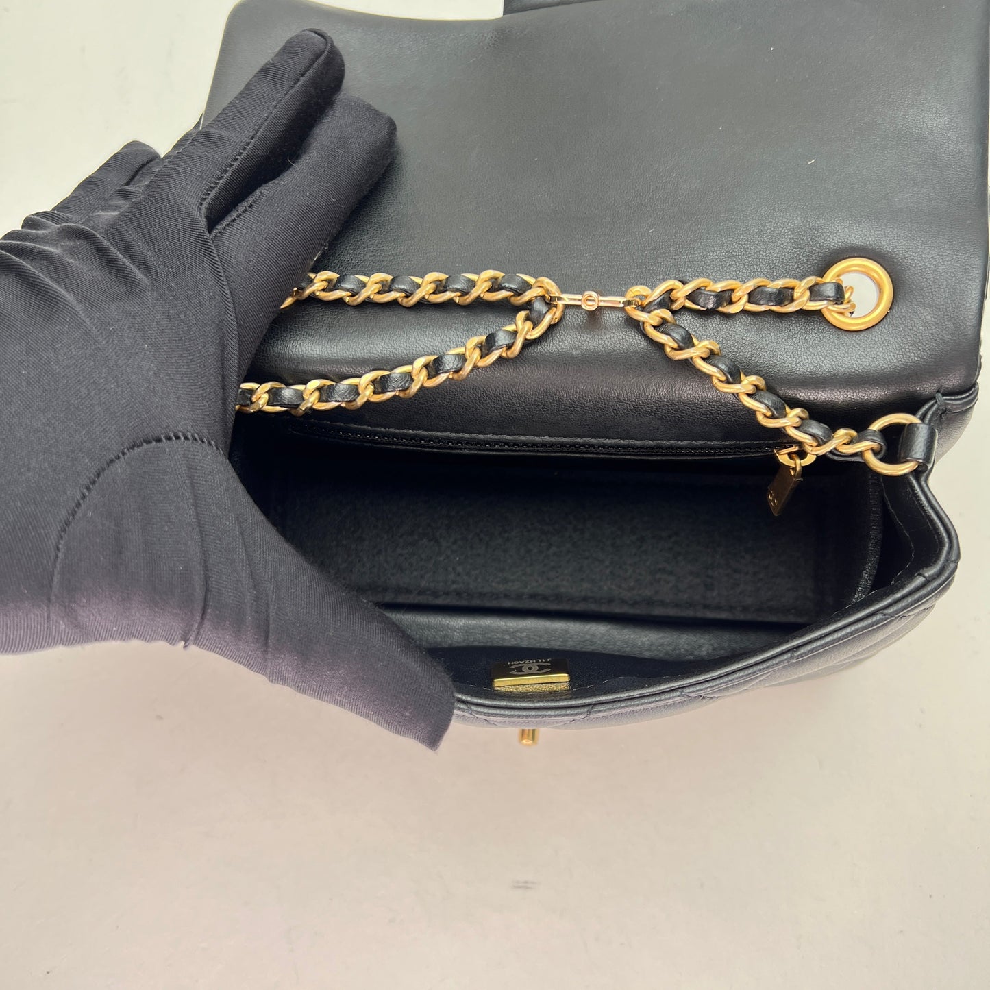 Flap Heart Chain Black Crossbody Bag in Lambskin, Brushed Gold hardware