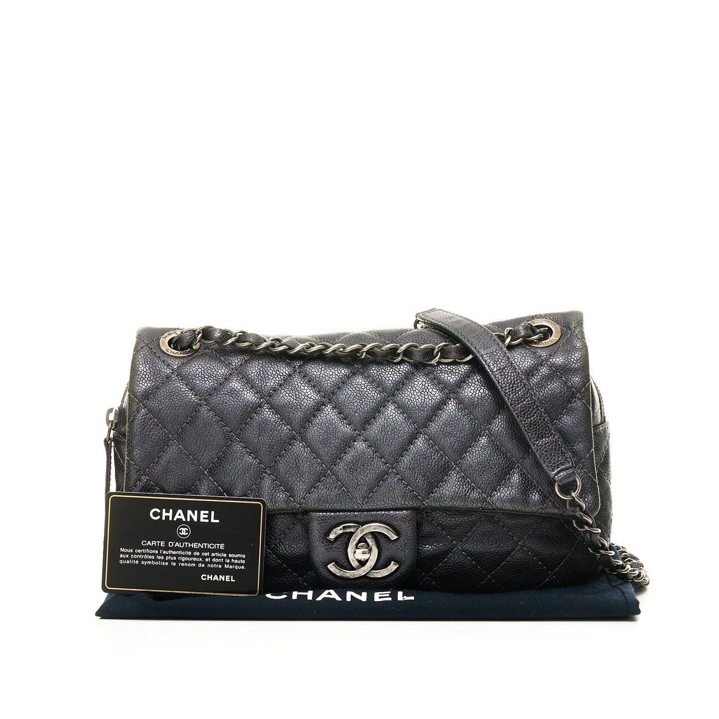 Easy Flap Black Shoulder Bag in Caviar Leather, Ruthenium hardware
