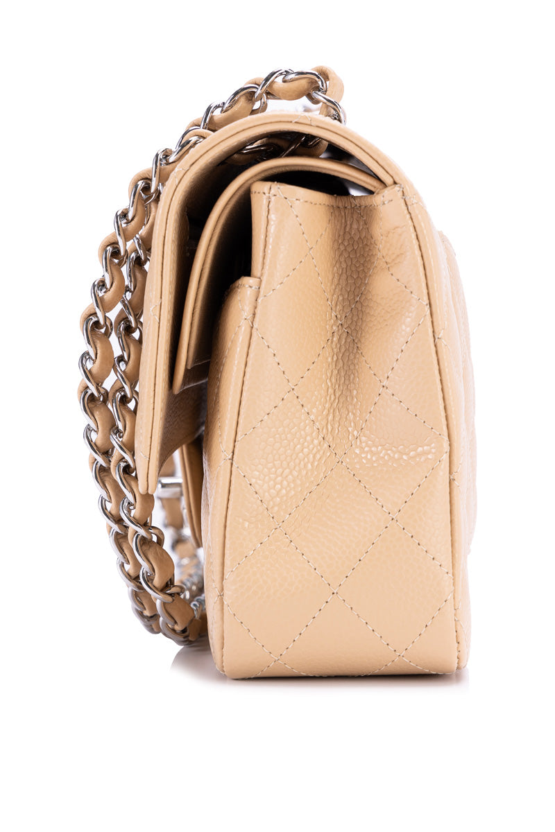 Classic Double Flap Medium Beige Shoulder Bag in Caviar Leather, Silver hardware