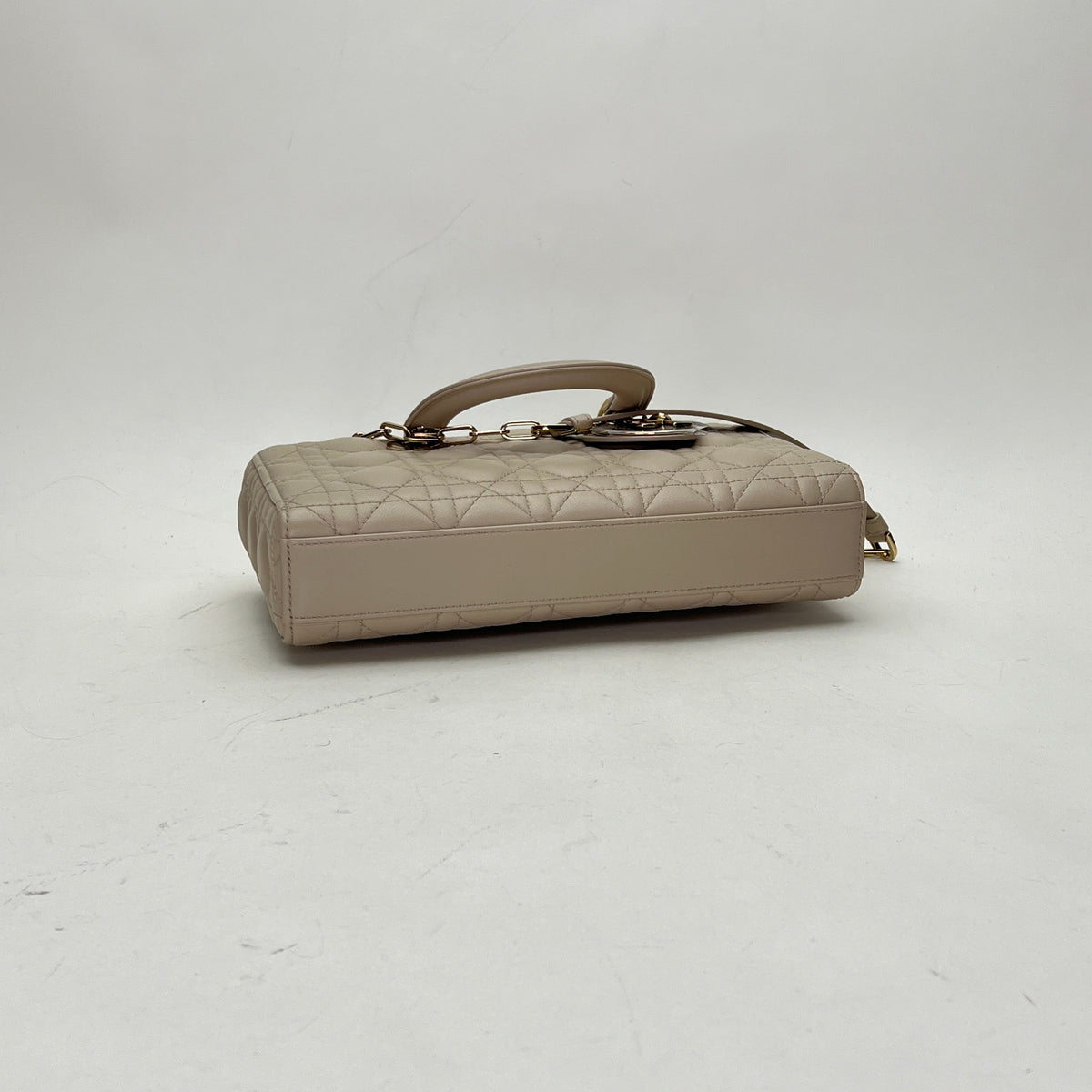 Lady d-joy Medium Beige Top Handle Bag in Lambskin, Light Gold hardware