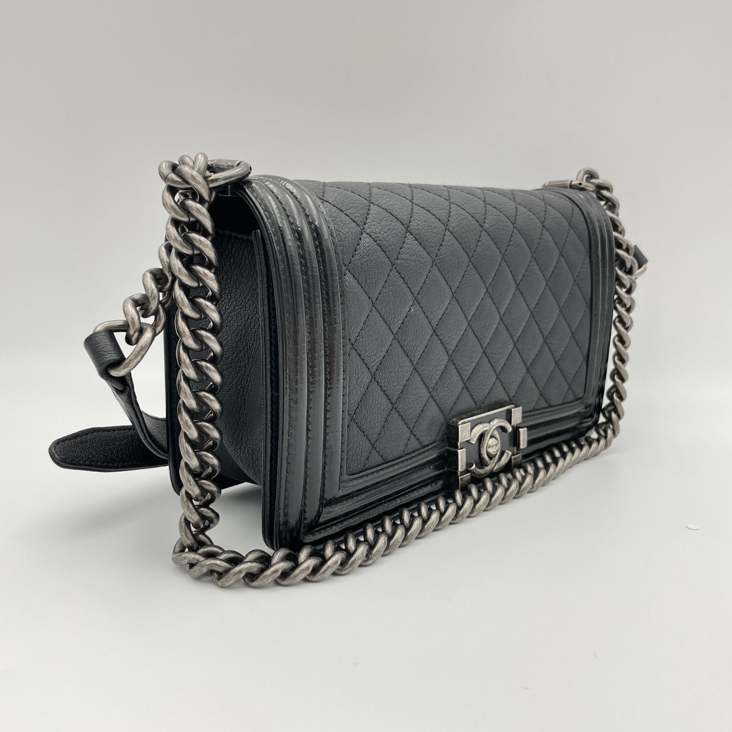 Boy Old Medium Black Shoulder Bag in Goat Leather, Ruthenium hardware
