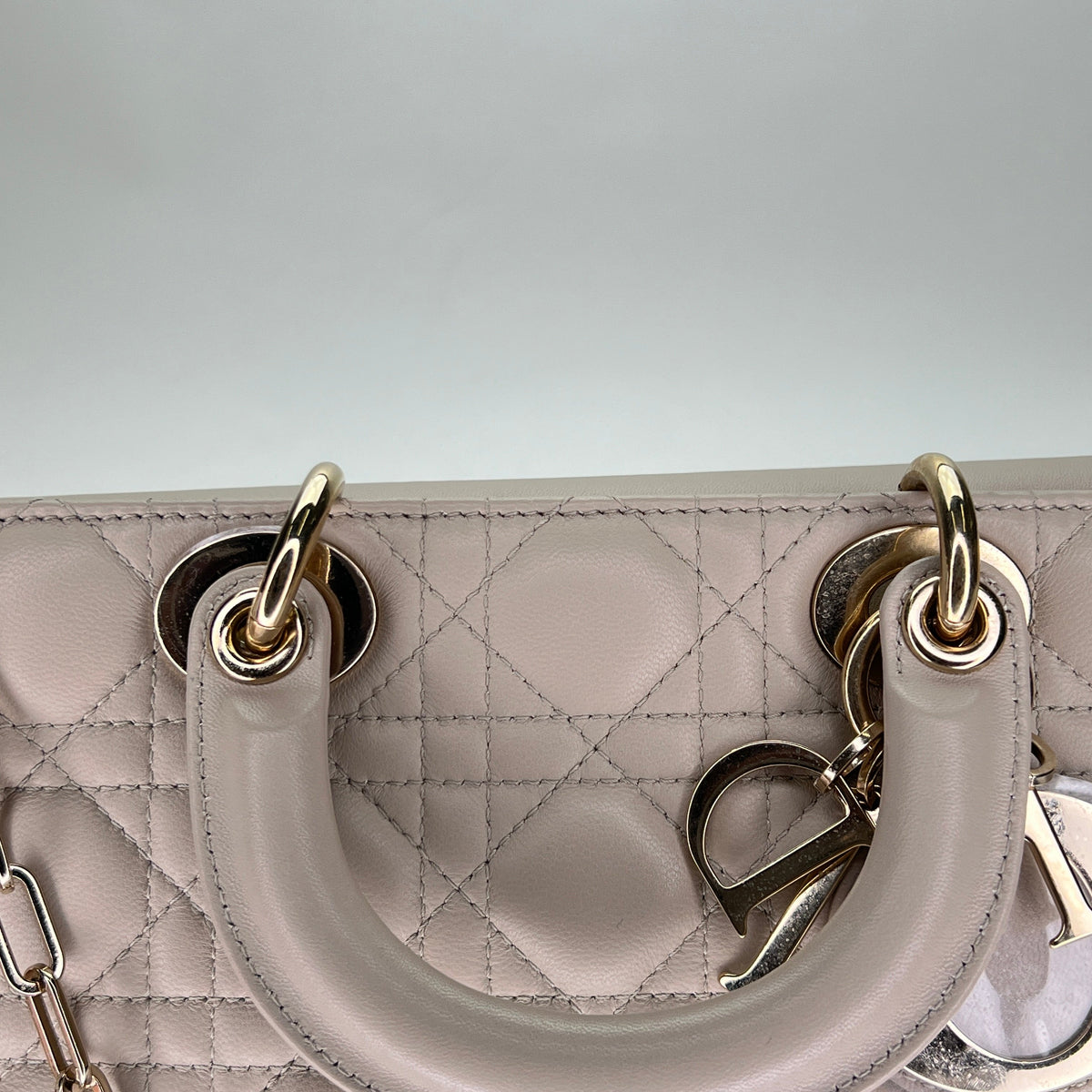 Lady d-joy Medium Beige Top Handle Bag in Lambskin, Light Gold hardware