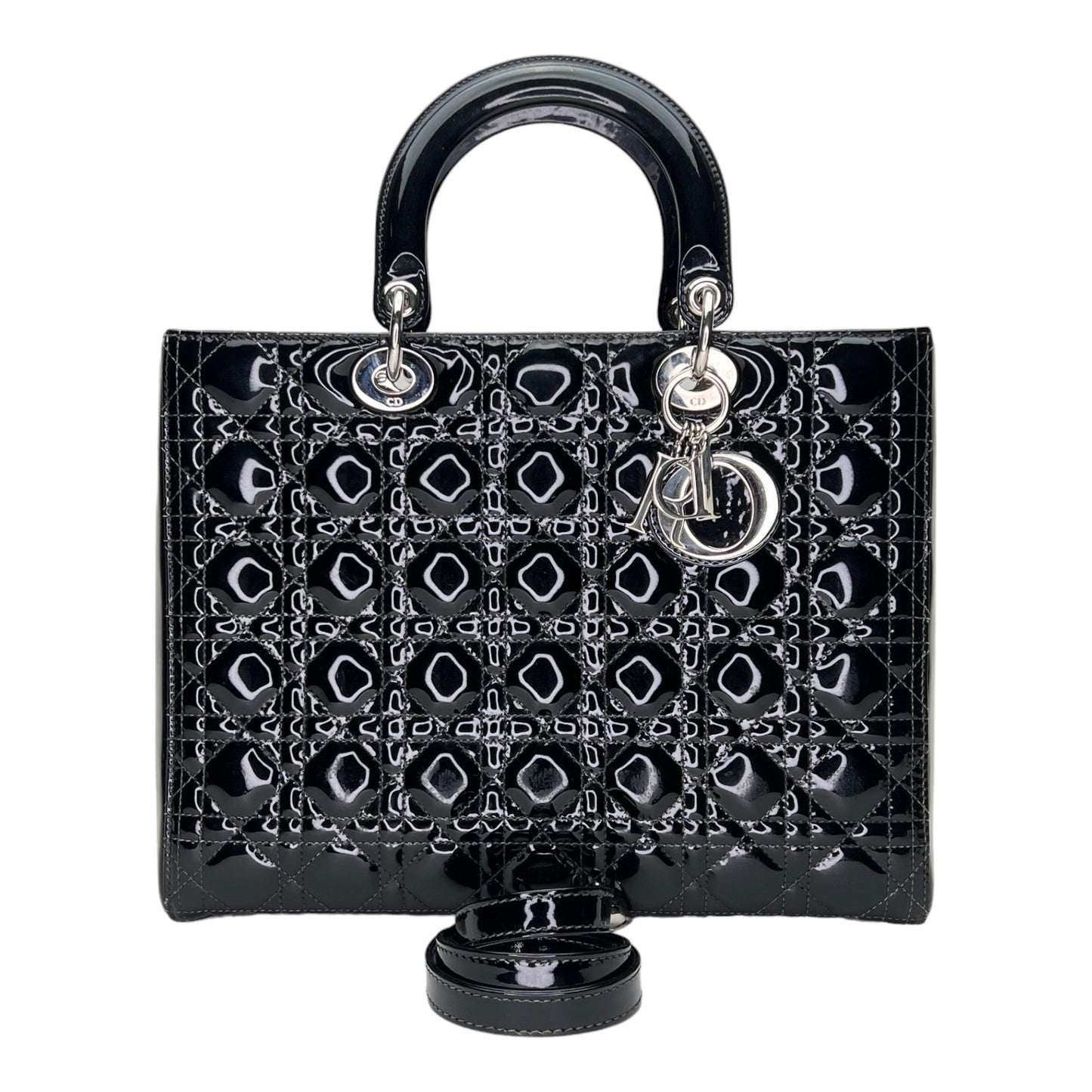 Lady Dior Large Black Top Handle Bag in Patent Leather, Silver hardware