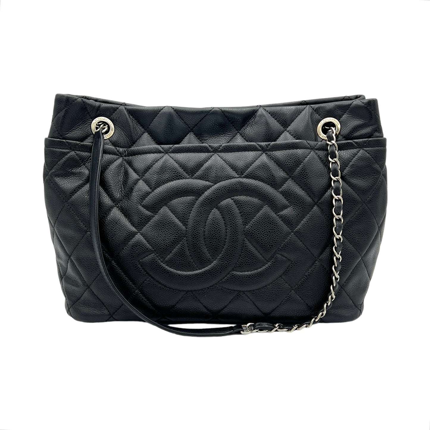 Matelasse Chain Black Tote Bag in Caviar Leather, Silver hardware