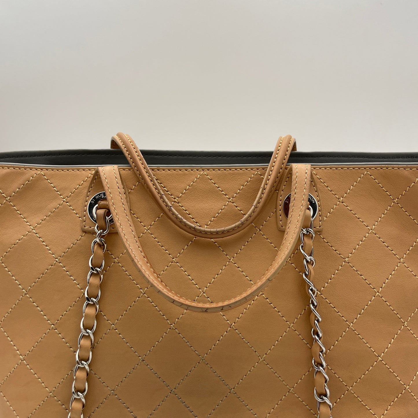 CC Quilted Shopping Tote Beige Tote Bag in Calfskin, Silver hardware