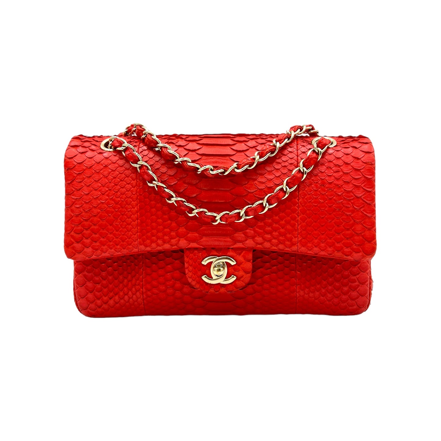 Classic Double Flap Medium Red Shoulder Bag in Python Leather, Gold hardware