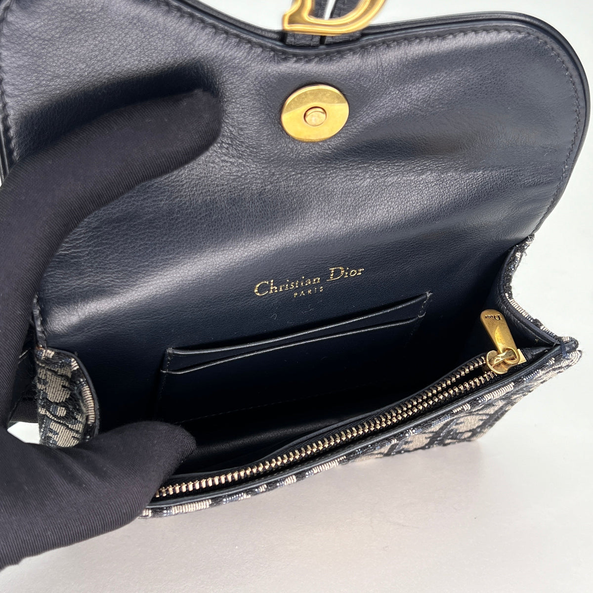 Saddle Mini Navy Belt Bag in Jacquard, Gold hardware