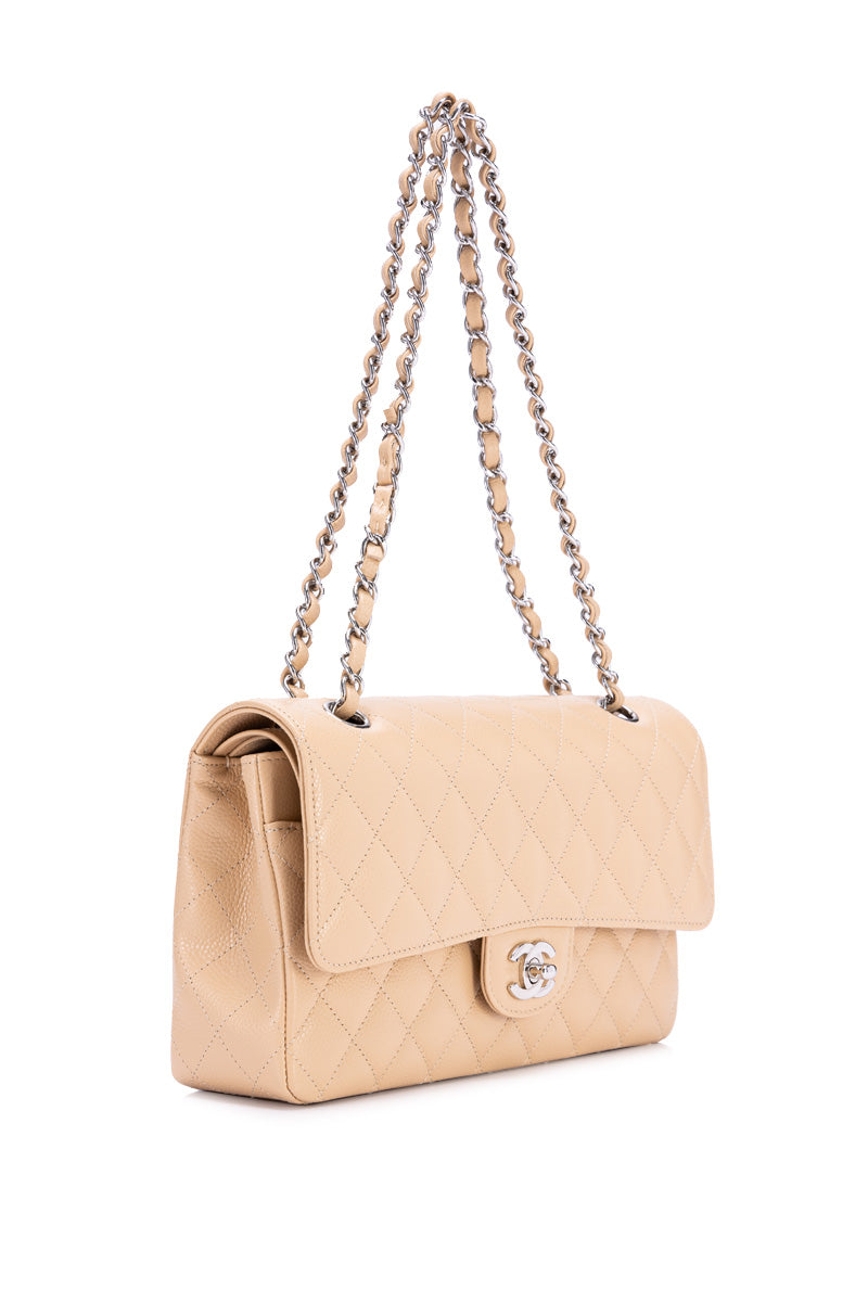 Classic Double Flap Medium Beige Shoulder Bag in Caviar Leather, Silver hardware