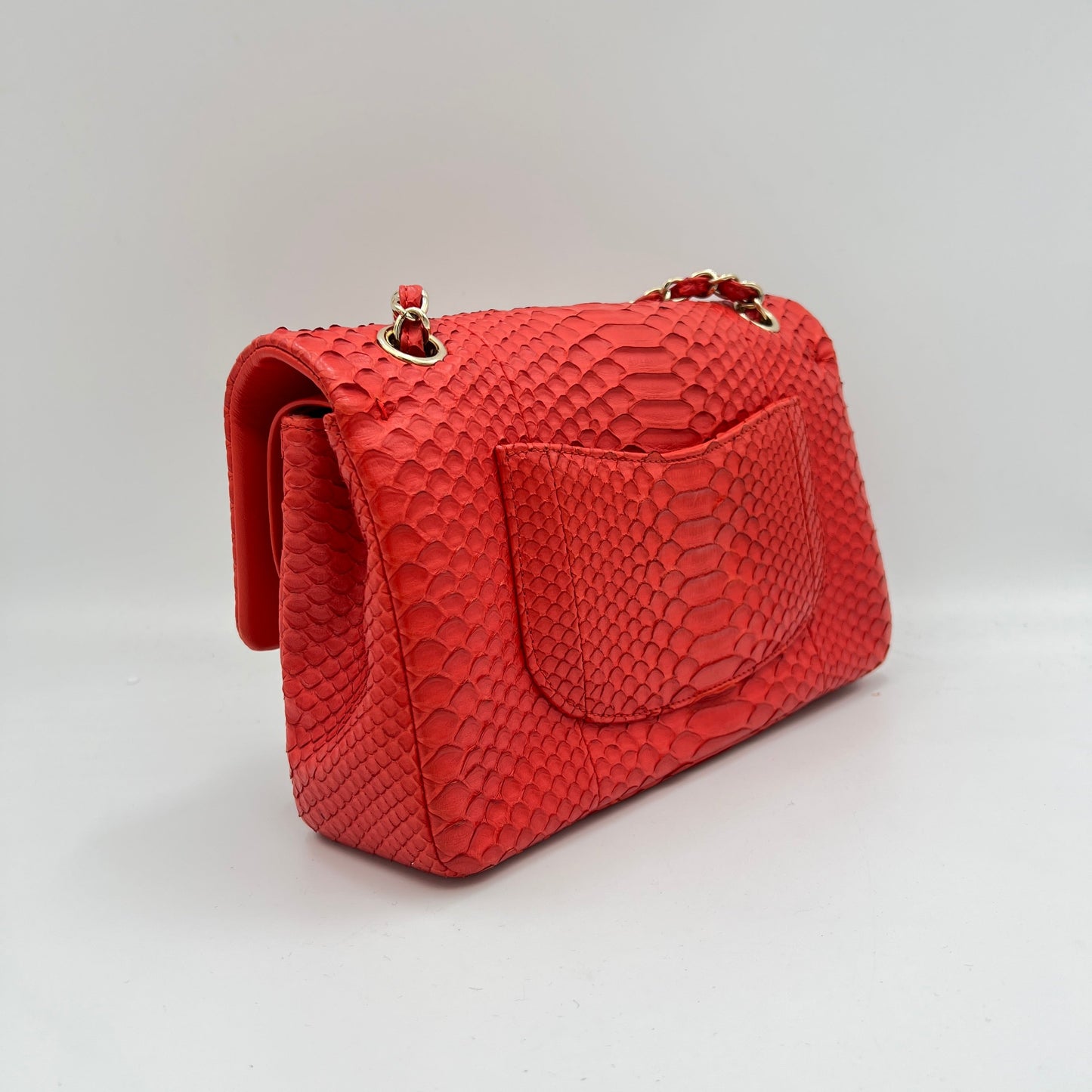 Classic Double Flap Medium Red Shoulder Bag in Python Leather, Gold hardware