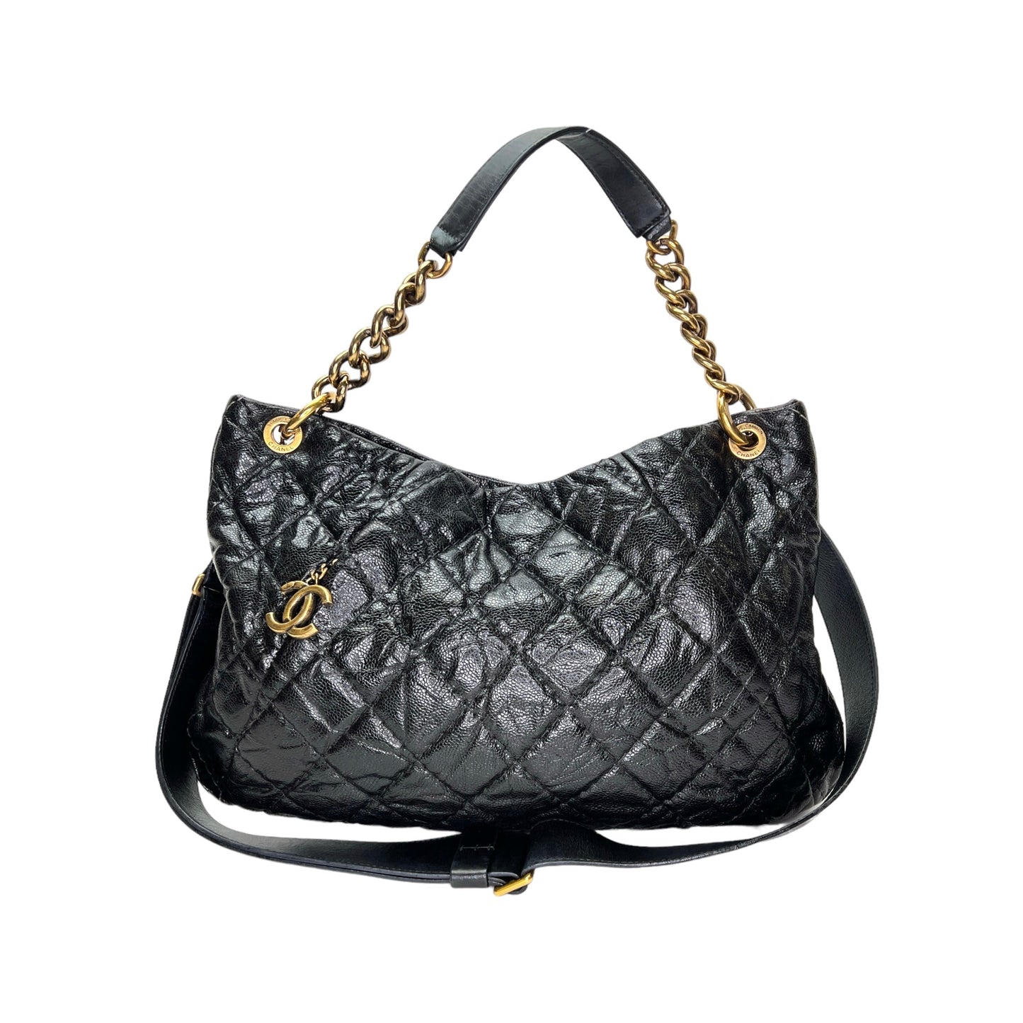 Coco pleats Black Shoulder Bag in Caviar Leather, Gold hardware