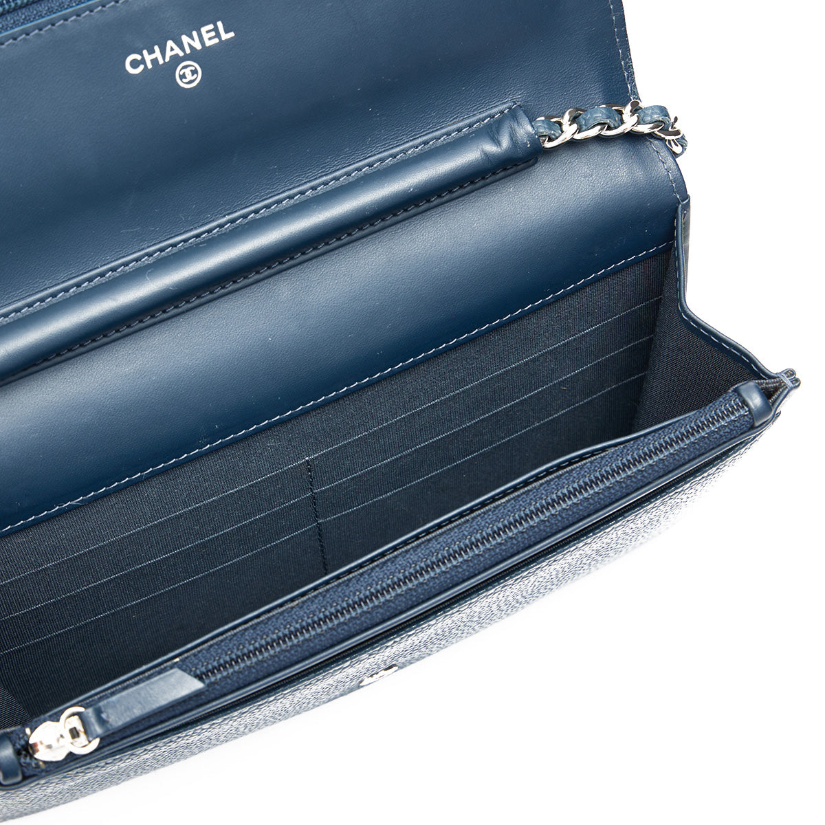 Timeless CC Blue Wallet on Chain in Caviar Leather, Silver hardware