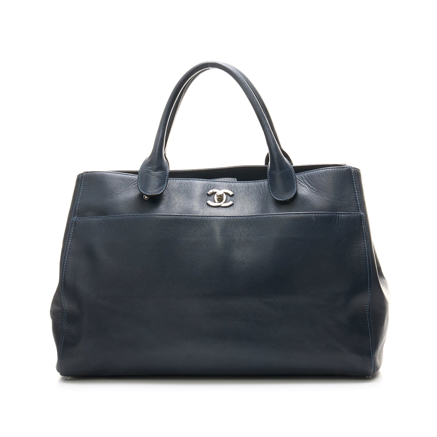 Cerf Executive Large Navy Tote Bag in Caviar Leather, Silver hardware