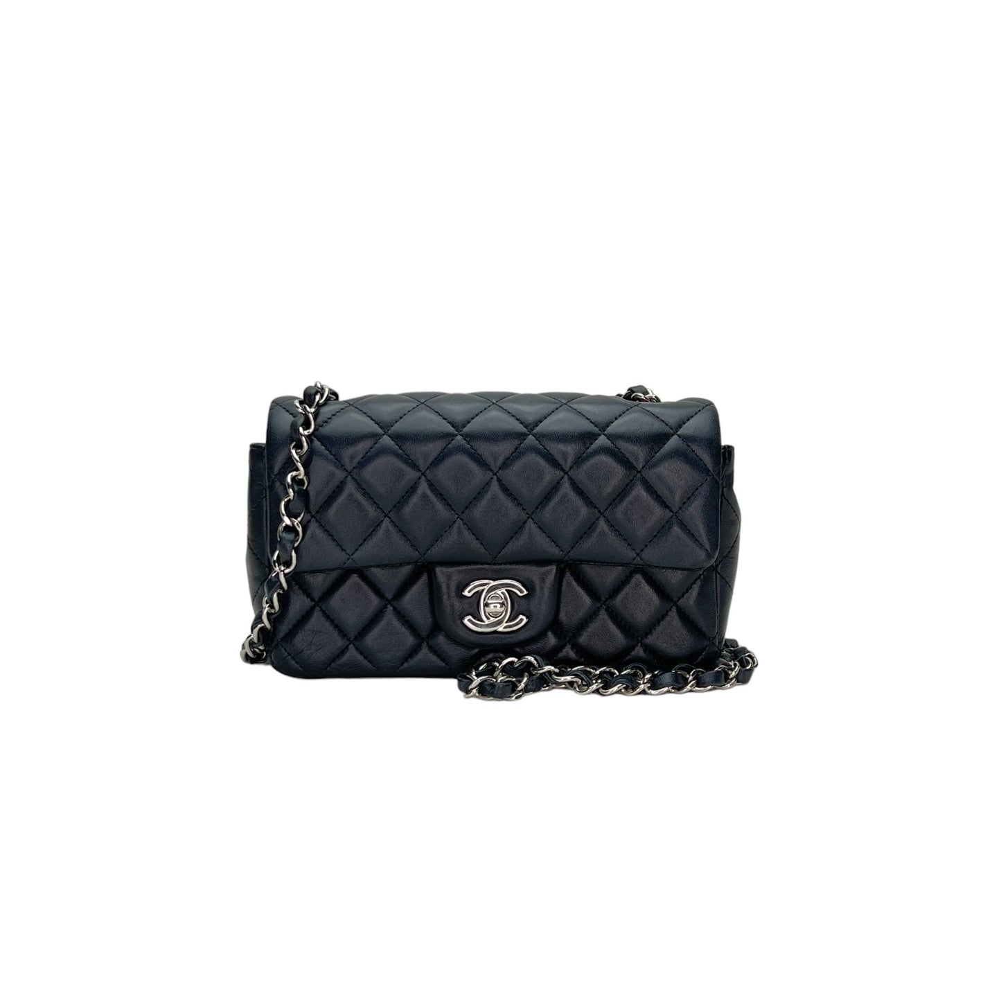 Classic Flap Mini Rectangle Navy Shoulder Bag in Lambskin, Silver hardware
