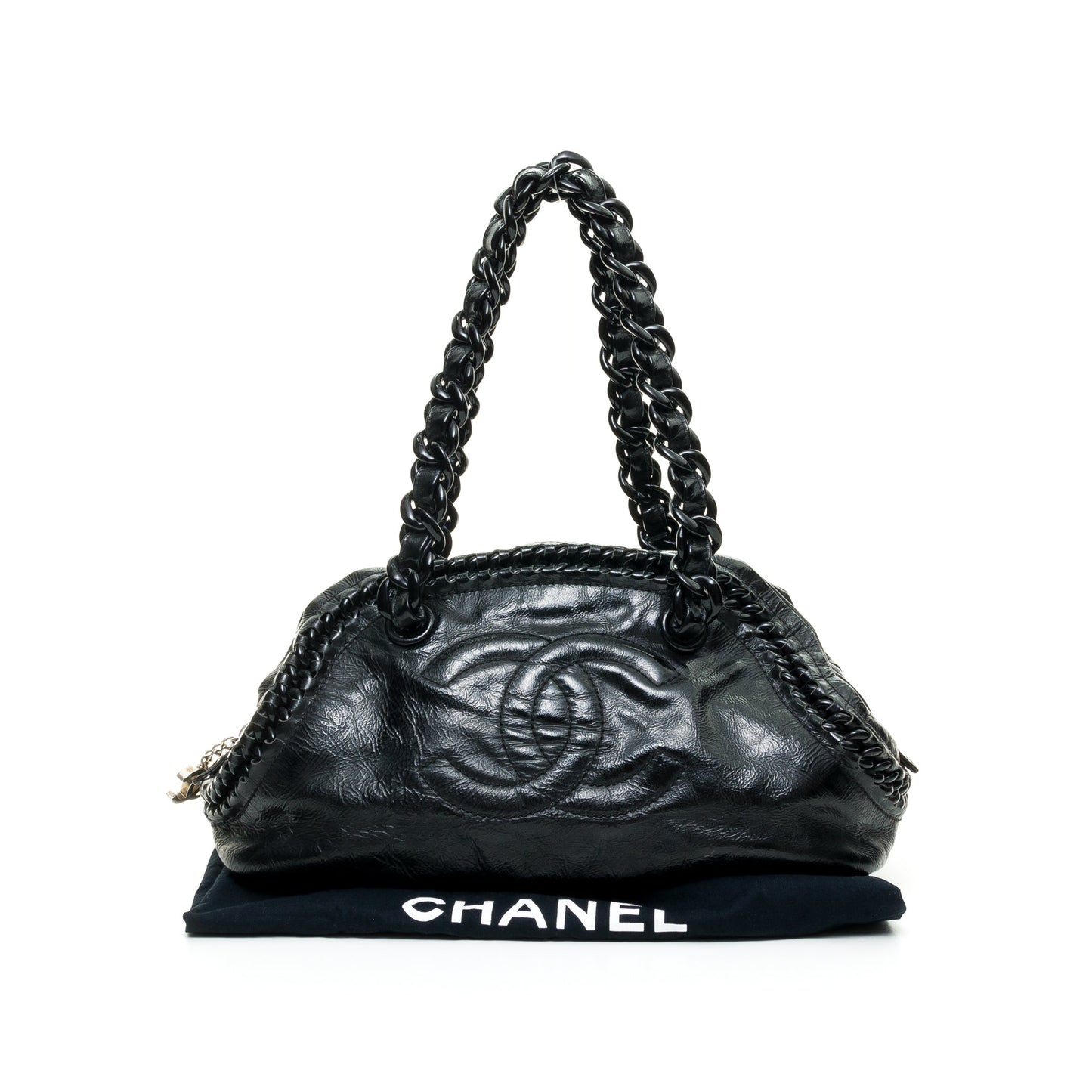 Luxe Ligne Bowler Black Shoulder Bag in Patent Leather, Silver hardware