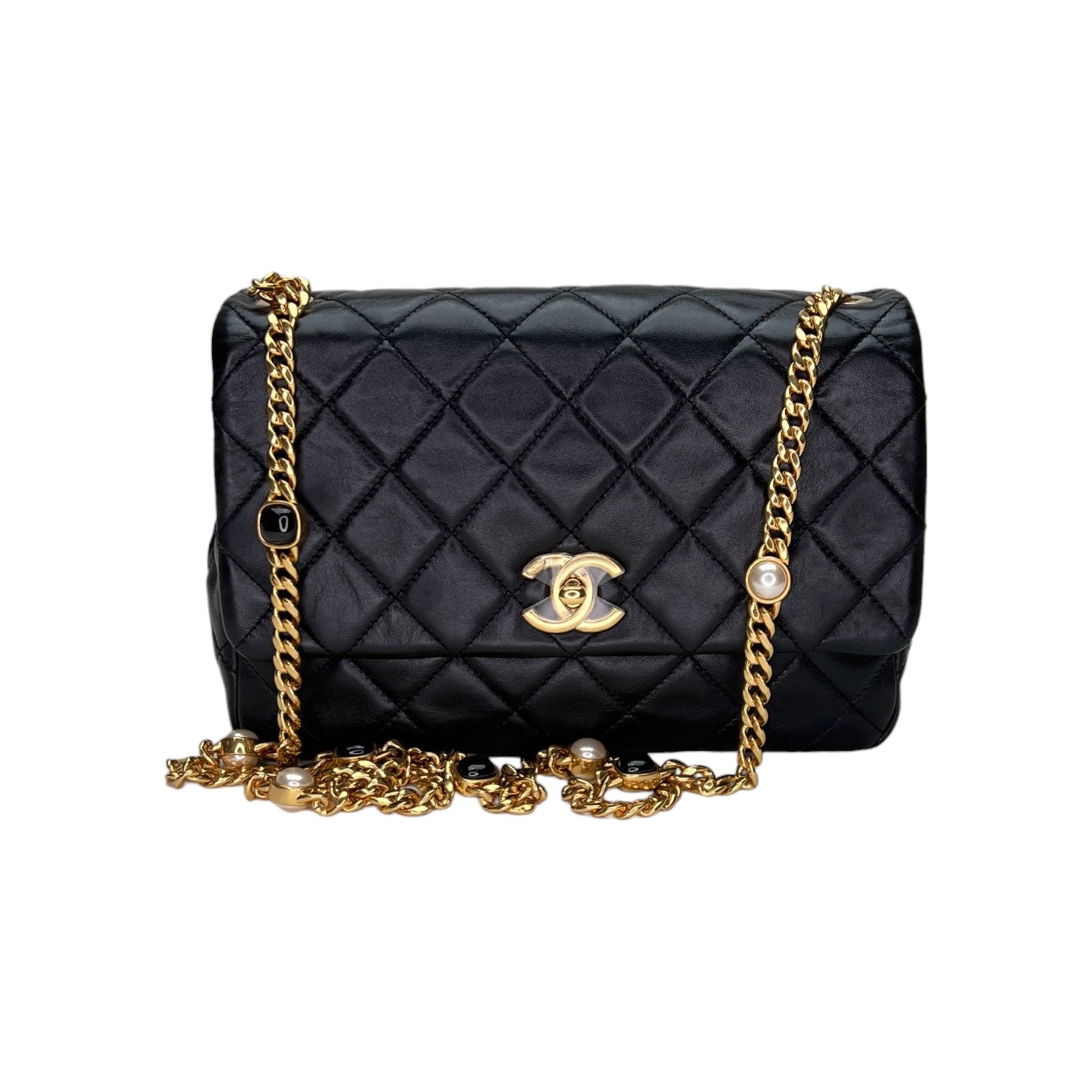 CC Flap Small Black Crossbody Bag in Lambskin, Gold hardware