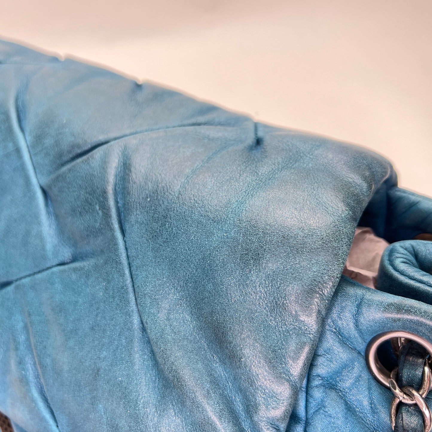Glint Accordion Flap Blue Shoulder Bag in Lambskin, Silver hardware