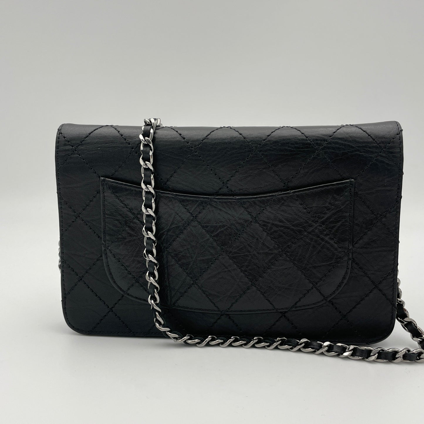 2.55 Black Wallet on Chain in Calfskin, Silver hardware