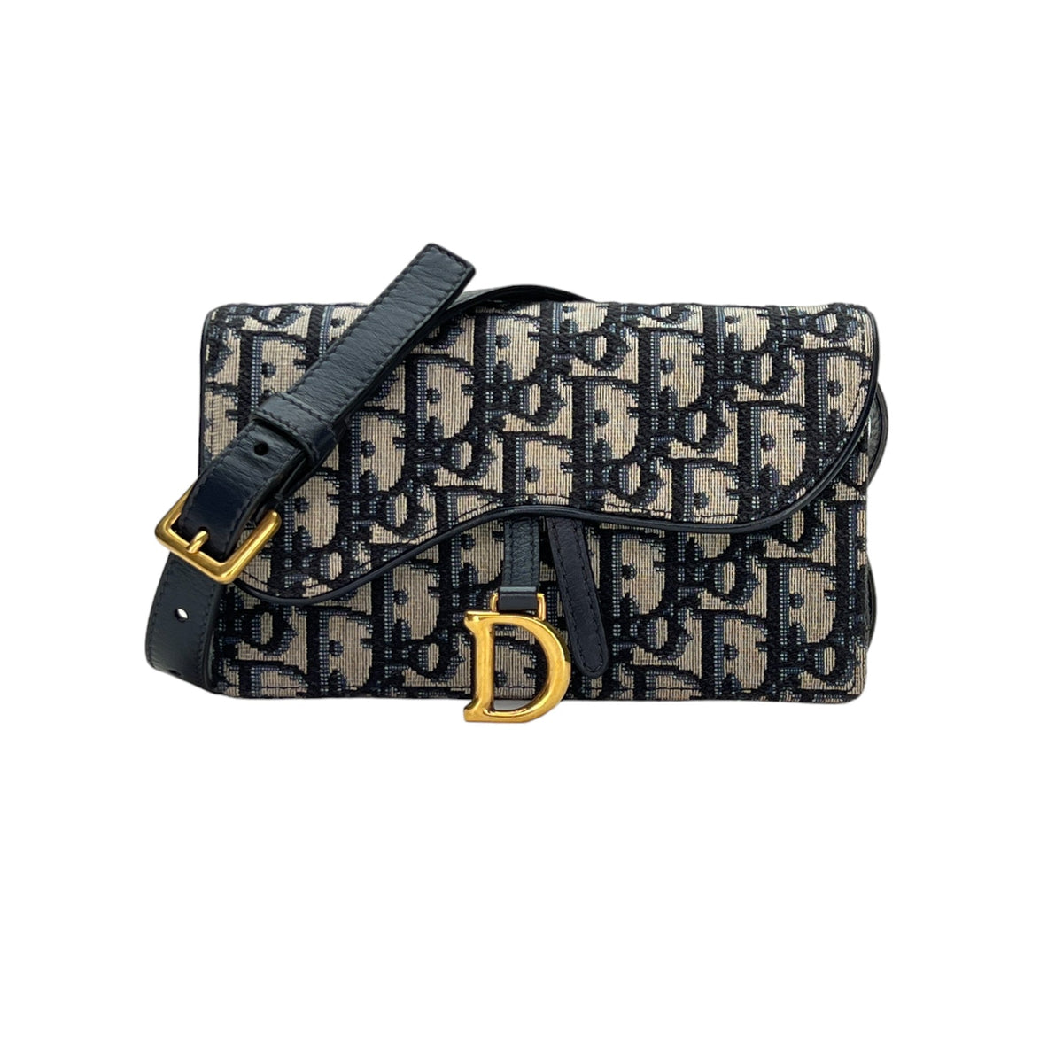 Saddle Mini Navy Belt Bag in Jacquard, Gold hardware