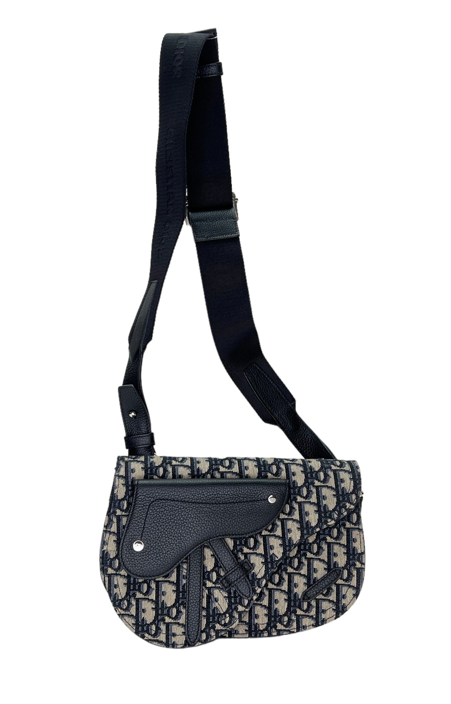 Saddle Navy Shoulder Bag in Jacquard, Gold hardware