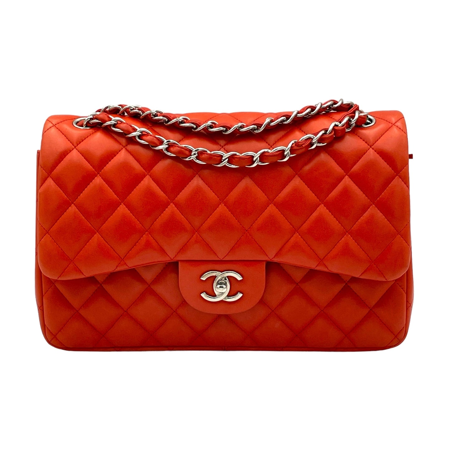 Classic Double Flap Jumbo Red Shoulder Bag in Lambskin, Silver hardware